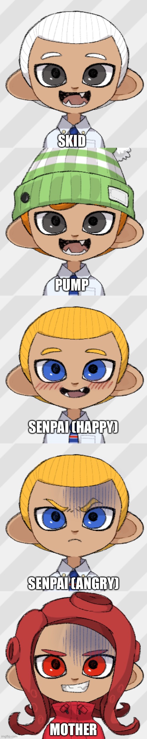 Ben cosplaying as FNF characters part two | SKID; PUMP; SENPAI (HAPPY); SENPAI (ANGRY); MOTHER | image tagged in ben,friday night funkin | made w/ Imgflip meme maker