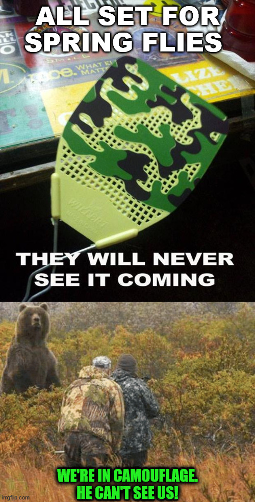Never see it coming. |  ALL SET FOR SPRING FLIES; WE'RE IN CAMOUFLAGE.
HE CAN'T SEE US! | image tagged in camouflage,you can't see me | made w/ Imgflip meme maker