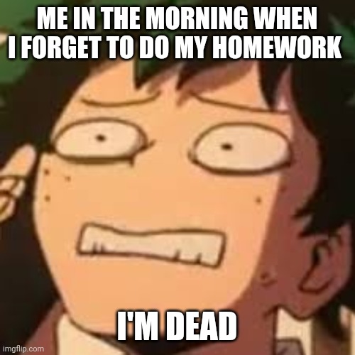 Derpy Deku | ME IN THE MORNING WHEN I FORGET TO DO MY HOMEWORK; I'M DEAD | image tagged in derpy deku | made w/ Imgflip meme maker