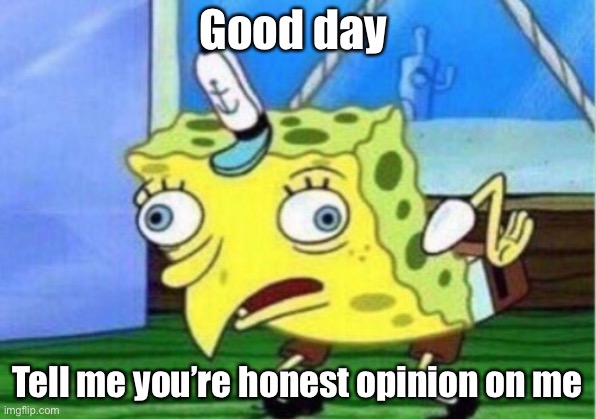I’m bored. | Good day; Tell me you’re honest opinion on me | image tagged in memes,mocking spongebob | made w/ Imgflip meme maker