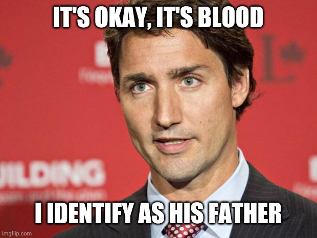 Trudeau | IT'S OKAY, IT'S BLOOD I IDENTIFY AS HIS FATHER | image tagged in trudeau | made w/ Imgflip meme maker