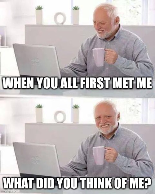 . | WHEN YOU ALL FIRST MET ME; WHAT DID YOU THINK OF ME? | image tagged in memes,hide the pain harold | made w/ Imgflip meme maker