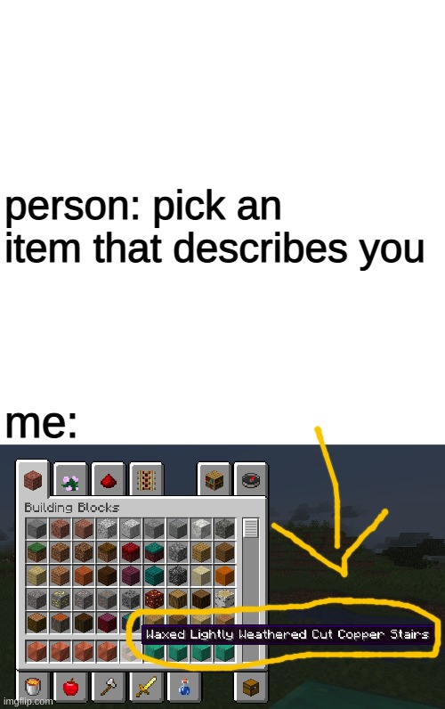 this item is amazing | person: pick an item that describes you; me: | image tagged in memes,blank transparent square | made w/ Imgflip meme maker