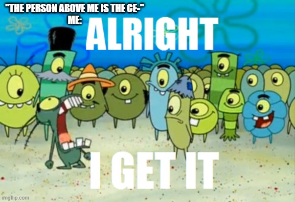 Alright I get It | "THE PERSON ABOVE ME IS THE CE-"
ME: | image tagged in alright i get it | made w/ Imgflip meme maker