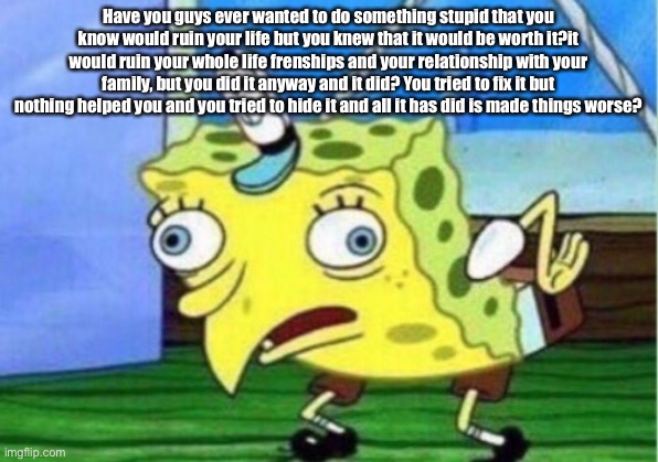 Mocking Spongebob | Have you guys ever wanted to do something stupid that you know would ruin your life but you knew that it would be worth it?it would ruin your whole life frenships and your relationship with your family, but you did it anyway and it did? You tried to fix it but nothing helped you and you tried to hide it and all it has did is made things worse? | image tagged in memes,mocking spongebob | made w/ Imgflip meme maker