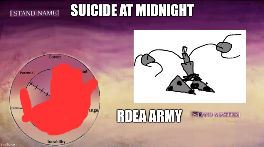 JoJo Stand | SUICIDE AT MIDNIGHT; RDEA ARMY | image tagged in jojo stand | made w/ Imgflip meme maker