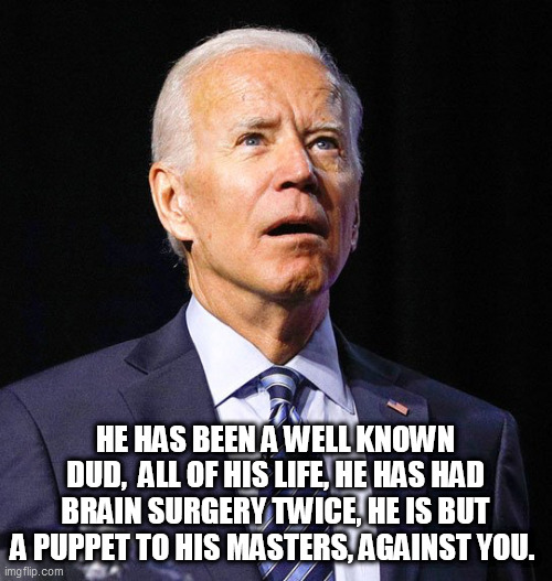 Joe Biden | HE HAS BEEN A WELL KNOWN DUD,  ALL OF HIS LIFE, HE HAS HAD BRAIN SURGERY TWICE, HE IS BUT A PUPPET TO HIS MASTERS, AGAINST YOU. | image tagged in joe biden | made w/ Imgflip meme maker