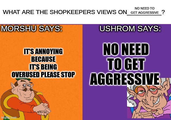 the shopkeepers views on | NO NEED TO GET AGGRESSIVE; NO NEED TO GET AGGRESSIVE; IT'S ANNOYING BECAUSE IT'S BEING OVERUSED PLEASE STOP | image tagged in the shopkeepers views on,memes,funny | made w/ Imgflip meme maker