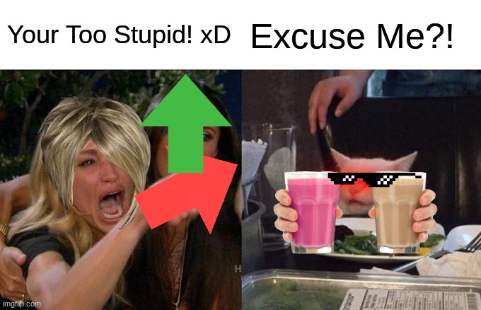 Excuse me?! | Your Too Stupid! xD; Excuse Me?! | image tagged in memes,woman yelling at cat,karen,strawberry milk,choccy milk,excuse me what the heck | made w/ Imgflip meme maker