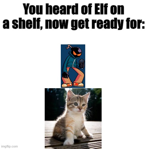 Whitty on a kitty | You heard of Elf on a shelf, now get ready for: | image tagged in fnf,cats,elf on the shelf | made w/ Imgflip meme maker