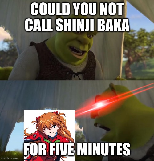 Bruh she says baka too much. | COULD YOU NOT CALL SHINJI BAKA; FOR FIVE MINUTES | image tagged in shrek for five minutes | made w/ Imgflip meme maker