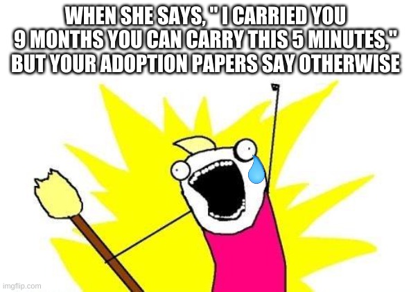 Deppression | WHEN SHE SAYS, " I CARRIED YOU 9 MONTHS YOU CAN CARRY THIS 5 MINUTES," BUT YOUR ADOPTION PAPERS SAY OTHERWISE | image tagged in memes,x all the y | made w/ Imgflip meme maker