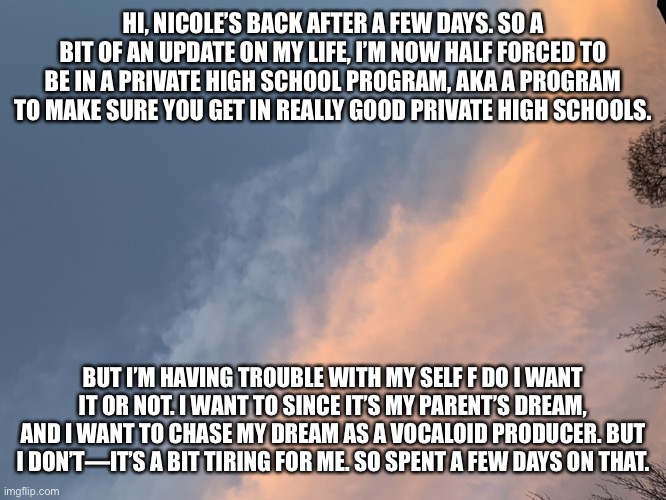 HI, NICOLE’S BACK AFTER A FEW DAYS. SO A BIT OF AN UPDATE ON MY LIFE, I’M NOW HALF FORCED TO BE IN A PRIVATE HIGH SCHOOL PROGRAM, AKA A PROGRAM TO MAKE SURE YOU GET IN REALLY GOOD PRIVATE HIGH SCHOOLS. BUT I’M HAVING TROUBLE WITH MY SELF F DO I WANT IT OR NOT. I WANT TO SINCE IT’S MY PARENT’S DREAM, AND I WANT TO CHASE MY DREAM AS A VOCALOID PRODUCER. BUT I DON’T—IT’S A BIT TIRING FOR ME. SO SPENT A FEW DAYS ON THAT. | made w/ Imgflip meme maker