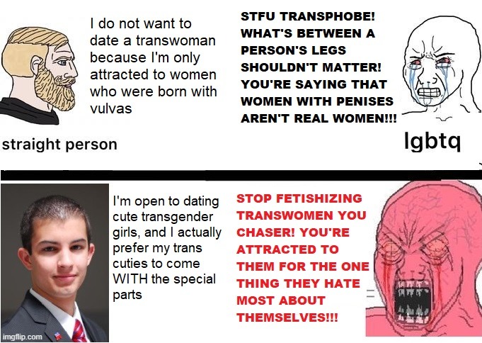 image tagged in memes,transgender,dating,genitals,leftist,transphobic | made w/ Imgflip meme maker