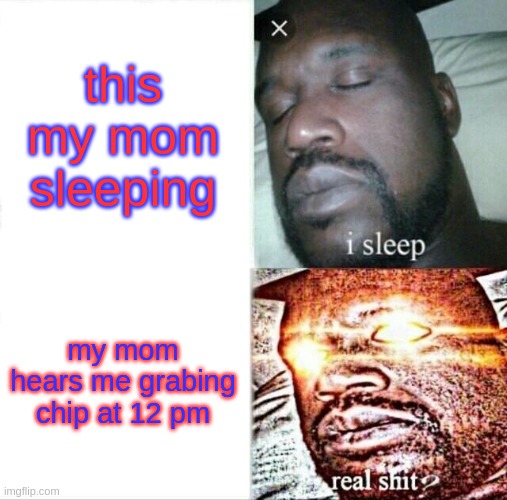 Sleeping Shaq | this my mom sleeping; my mom hears me grabing chip at 12 pm | image tagged in memes,sleeping shaq | made w/ Imgflip meme maker