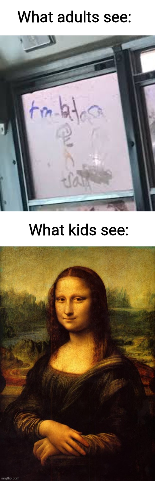 I know this kind of meme is old but i decided to do it anyway | What adults see:; What kids see: | image tagged in the mona lisa | made w/ Imgflip meme maker