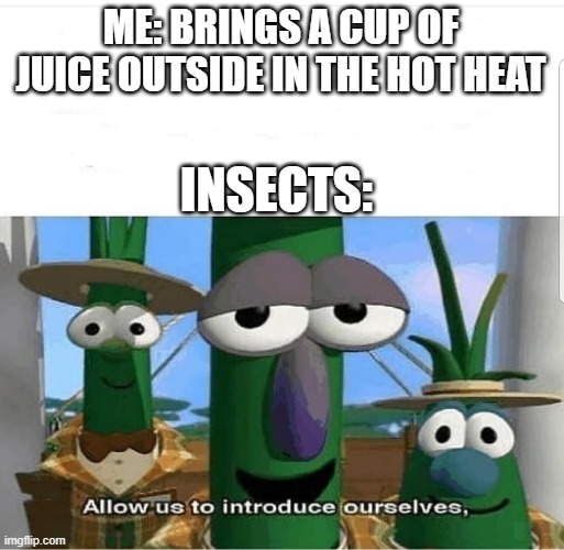 Allow us to introduce ourselves | ME: BRINGS A CUP OF JUICE OUTSIDE IN THE HOT HEAT; INSECTS: | image tagged in allow us to introduce ourselves | made w/ Imgflip meme maker
