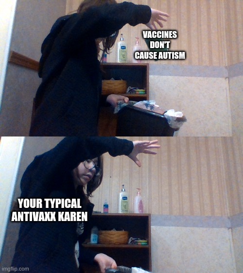 These are two photos of me throwing out an old book of somethin. I don't need upvotes. I need therapy. | VACCINES DON'T CAUSE AUTISM; YOUR TYPICAL ANTIVAXX KAREN | image tagged in omg karen | made w/ Imgflip meme maker