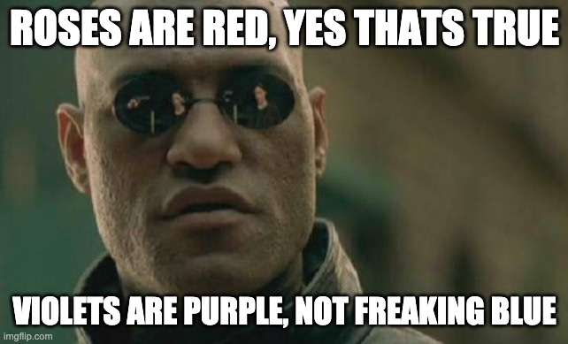 Matrix Morpheus Meme | ROSES ARE RED, YES THATS TRUE; VIOLETS ARE PURPLE, NOT FREAKING BLUE | image tagged in memes,matrix morpheus | made w/ Imgflip meme maker