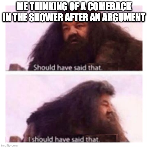 i should have said that | ME THINKING OF A COMEBACK IN THE SHOWER AFTER AN ARGUMENT | image tagged in i shouldn't have said that | made w/ Imgflip meme maker
