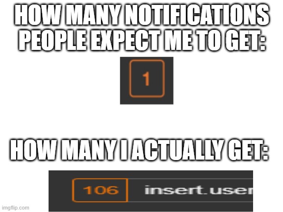 like WHAT. | HOW MANY NOTIFICATIONS PEOPLE EXPECT ME TO GET:; HOW MANY I ACTUALLY GET: | image tagged in blank white template | made w/ Imgflip meme maker