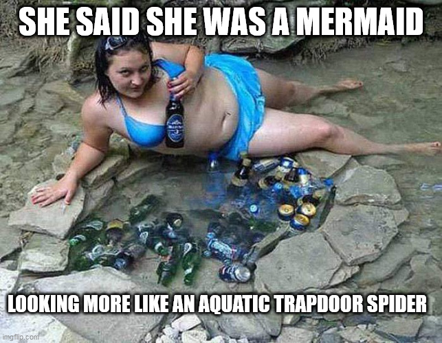 SHE SAID SHE WAS A MERMAID; LOOKING MORE LIKE AN AQUATIC TRAPDOOR SPIDER | image tagged in fat girl | made w/ Imgflip meme maker