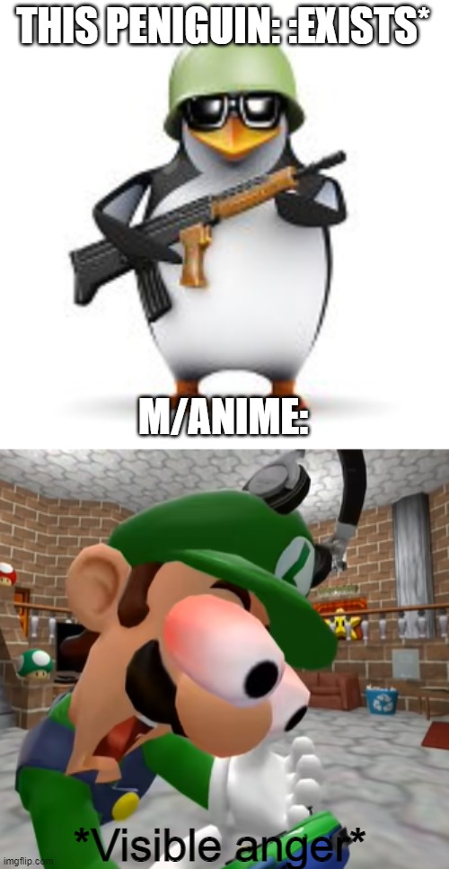 Decided to shitpost again | THIS PENIGUIN: :EXISTS*; M/ANIME:; *Visible anger* | image tagged in no anime penguin,visible anger,weeeeegeeeeeeeeee,memes,funny,dastarminers awesome memes | made w/ Imgflip meme maker