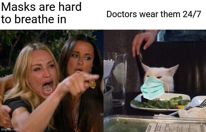 Woman Yelling At Cat Meme | Masks are hard to breathe in; Doctors wear them 24/7 | image tagged in memes,woman yelling at cat | made w/ Imgflip meme maker