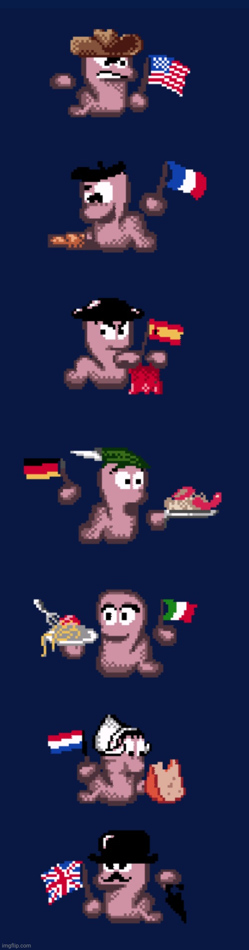 Worms Armageddon Game Boy Color! | image tagged in usa cowboy,french man,spanish bullfighter,german sausages,italian spaghetti,netherlands cheese | made w/ Imgflip meme maker