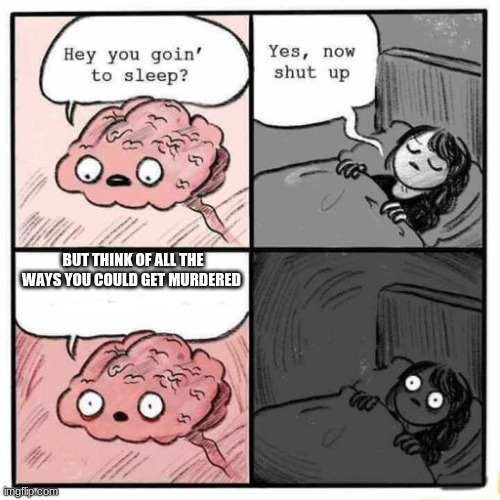 Hey you going to sleep? | BUT THINK OF ALL THE WAYS YOU COULD GET MURDERED | image tagged in hey you going to sleep | made w/ Imgflip meme maker