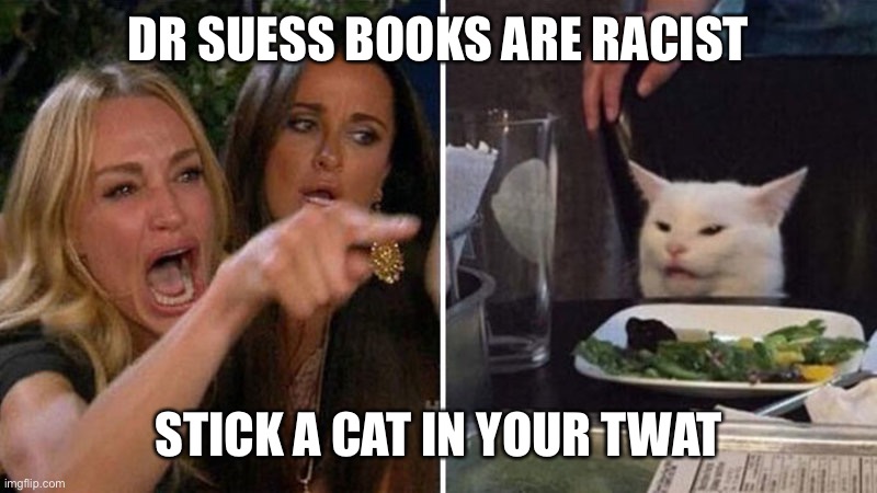 Cancel culture |  DR SUESS BOOKS ARE RACIST; STICK A CAT IN YOUR TWAT | image tagged in woman yelling at white cat | made w/ Imgflip meme maker
