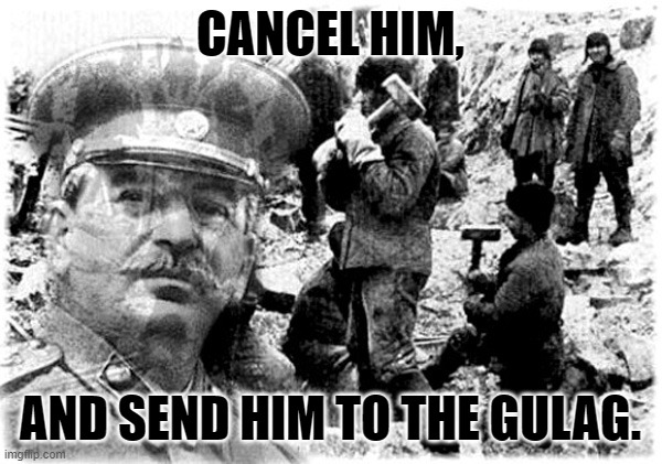 Send him to the maximum fun chamber. | CANCEL HIM, AND SEND HIM TO THE GULAG. | image tagged in stalin gulag,cancel culture | made w/ Imgflip meme maker