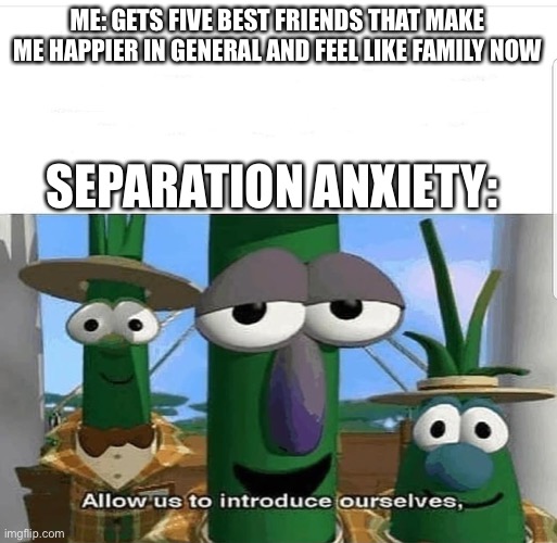 :( | ME: GETS FIVE BEST FRIENDS THAT MAKE ME HAPPIER IN GENERAL AND FEEL LIKE FAMILY NOW; SEPARATION ANXIETY: | image tagged in allow us to introduce ourselves | made w/ Imgflip meme maker