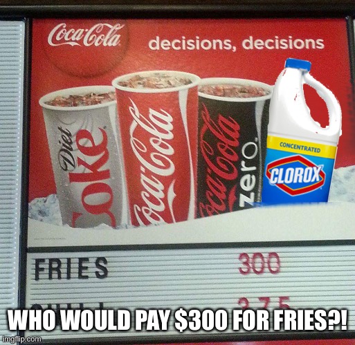 Coca Cola and bleach | WHO WOULD PAY $300 FOR FRIES?! | image tagged in coca cola and bleach | made w/ Imgflip meme maker