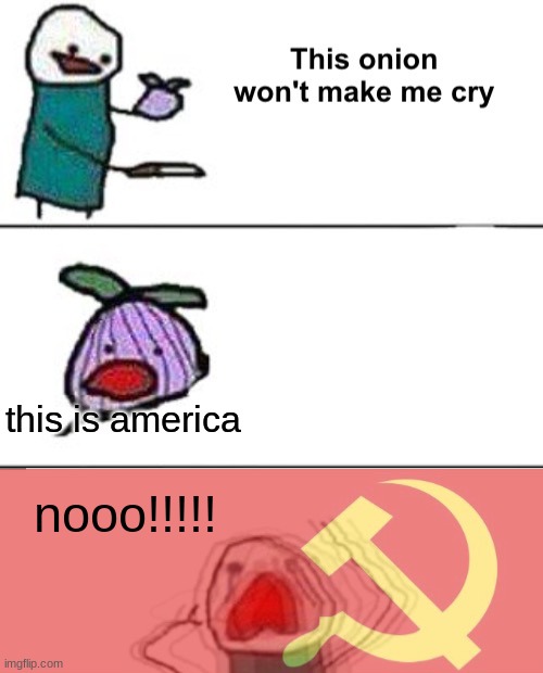 Russians realizing that they are in America be like (no offense) | this is america; nooo!!!!! | image tagged in this onion won't make me cry communist,russians,be like | made w/ Imgflip meme maker