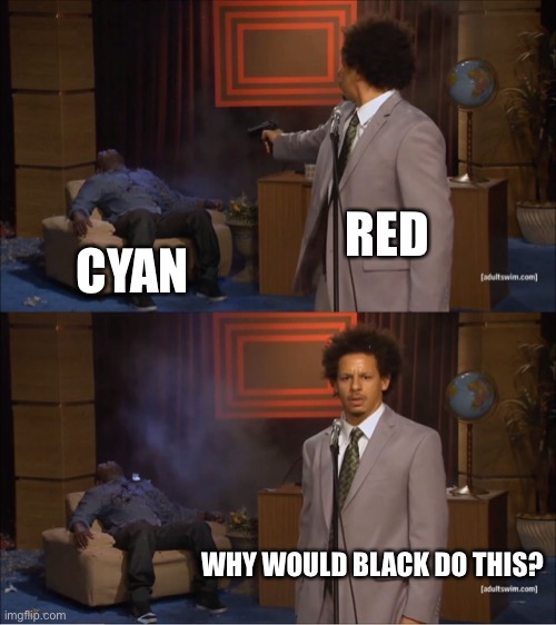 Among us in a nutshell | RED; CYAN; WHY WOULD BLACK DO THIS? | image tagged in memes,who killed hannibal | made w/ Imgflip meme maker
