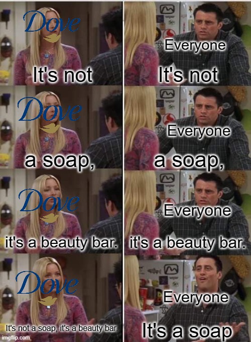 It's a soap! | Everyone; It's not; It's not; Everyone; a soap, a soap, Everyone; it's a beauty bar. it's a beauty bar. Everyone; It's not a soap, it's a beauty bar. It's a soap | image tagged in memes,phoebe joey,dove,soap,funny,stop reading the tags | made w/ Imgflip meme maker