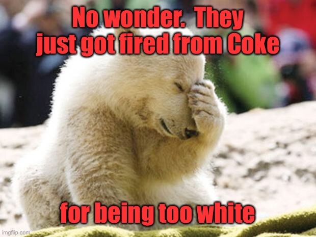 Sad Polar Bear | No wonder.  They just got fired from Coke for being too white | image tagged in sad polar bear | made w/ Imgflip meme maker