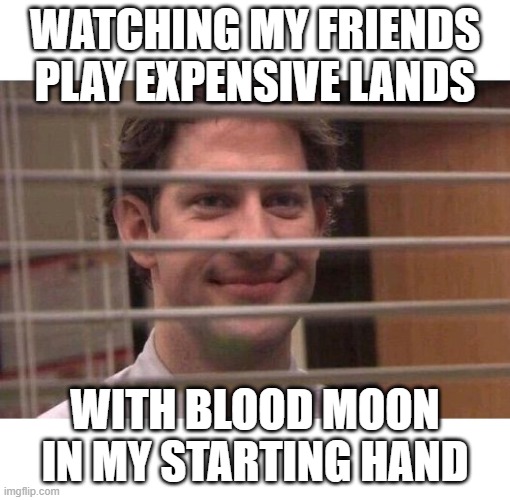 Jim Office Blinds | WATCHING MY FRIENDS PLAY EXPENSIVE LANDS; WITH BLOOD MOON IN MY STARTING HAND | image tagged in jim office blinds,magicthecirclejerking | made w/ Imgflip meme maker