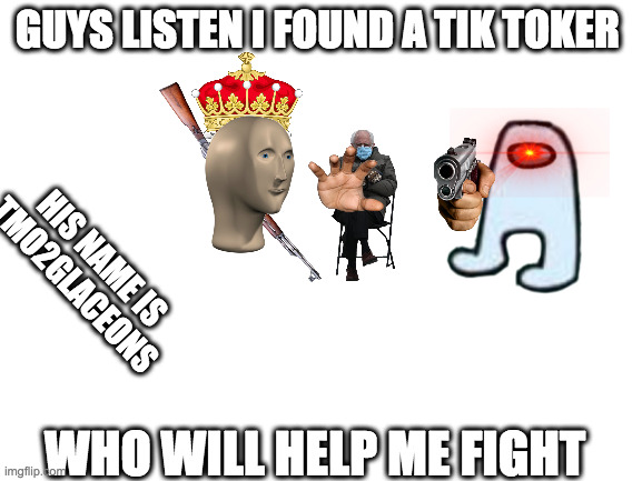 Blank White Template | GUYS LISTEN I FOUND A TIK TOKER; HIS NAME IS TMO2GLACEONS; WHO WILL HELP ME FIGHT | image tagged in blank white template | made w/ Imgflip meme maker