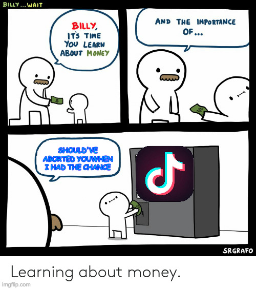 Billy Learning About Money | SHOULD'VE ABORTED YOUWHEN I HAD THE CHANCE | image tagged in billy learning about money | made w/ Imgflip meme maker