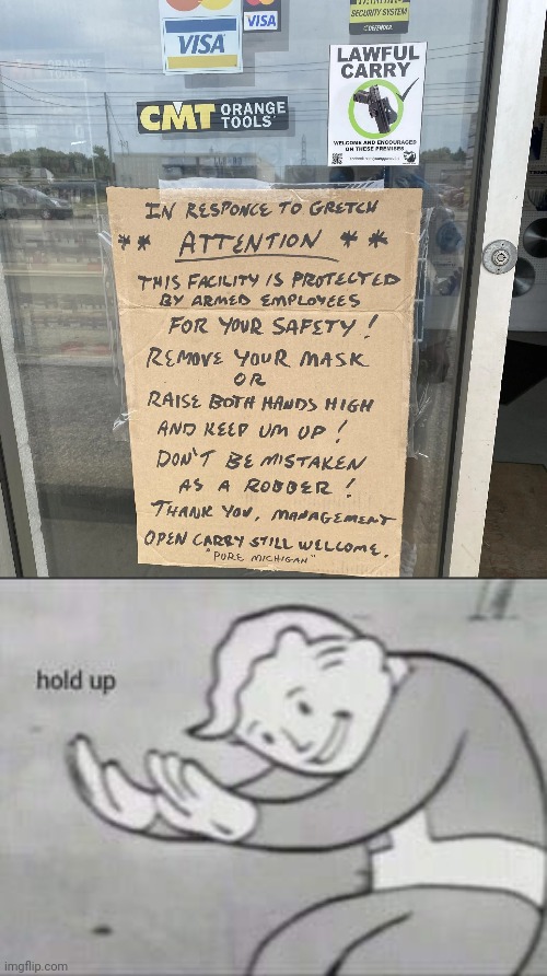 LOL | image tagged in fallout hold up,masks,funny,robber,stupid signs | made w/ Imgflip meme maker