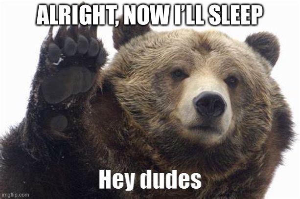 Bear Hey dudes | ALRIGHT, NOW I’LL SLEEP | image tagged in bear hey dudes | made w/ Imgflip meme maker