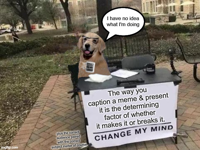 I'm a dog now change my mind | I have no idea what I'm doing; The way you caption a meme & present it is the determining factor of whether it makes it or breaks it. plus the correct audience paired with the correct subject matter of course | image tagged in i'm a dog now change my mind,i have no idea what i am doing,memes,funny,dogs,golden retriever | made w/ Imgflip meme maker