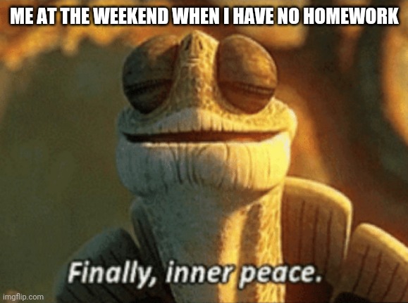 Finally, no homework | ME AT THE WEEKEND WHEN I HAVE NO HOMEWORK | image tagged in finally inner peace,kung fu panda,tortoise,peace,homework,school | made w/ Imgflip meme maker