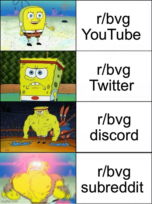 This raid is going to be hard | r/bvg YouTube; r/bvg Twitter; r/bvg discord; r/bvg subreddit | image tagged in sponge finna commit muder | made w/ Imgflip meme maker