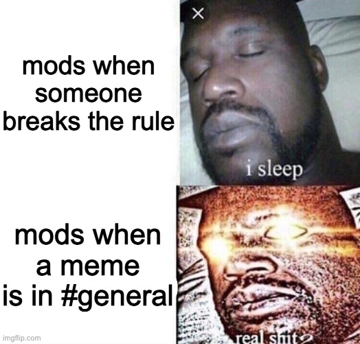 i sleep real shit | mods when someone breaks the rule; mods when a meme is in #general | image tagged in i sleep real shit | made w/ Imgflip meme maker