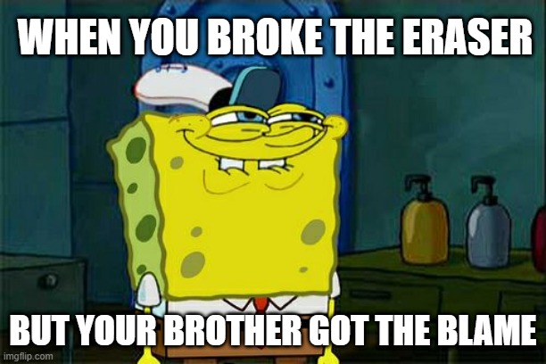 Happened to me | WHEN YOU BROKE THE ERASER; BUT YOUR BROTHER GOT THE BLAME | image tagged in memes,don't you squidward | made w/ Imgflip meme maker