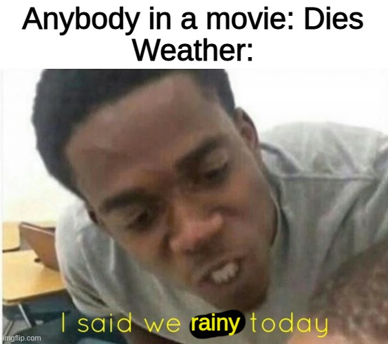 /weather rainy | Anybody in a movie: Dies
Weather:; rainy | image tagged in i said we ____ today | made w/ Imgflip meme maker