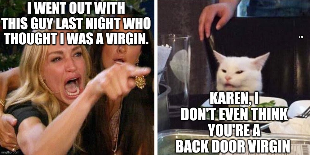 Smudge the cat | I WENT OUT WITH THIS GUY LAST NIGHT WHO THOUGHT I WAS A VIRGIN. J M; KAREN, I DON'T EVEN THINK YOU'RE A BACK DOOR VIRGIN | image tagged in smudge the cat | made w/ Imgflip meme maker